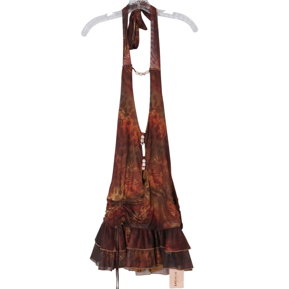 SHEINBAE Brown Leaf Print Halter Ruffle Mesh Romper Beadedβ Neckline Whimsigoth